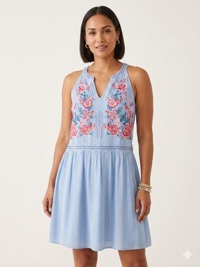Andree by Unit Embroidered Fully Lined Rayon Halter Dress Blue Boho Floral SZ L